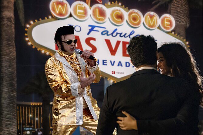 Gold Elvis Wedding or Vow Renewal at Las Vegas Sign - In The Sum Up
