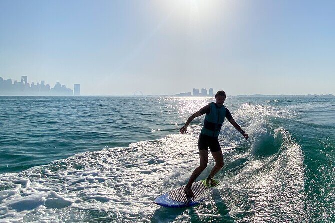 Private Wakesurfing or Wakeboarding along Doha's skyline - The Visuals and Atmosphere